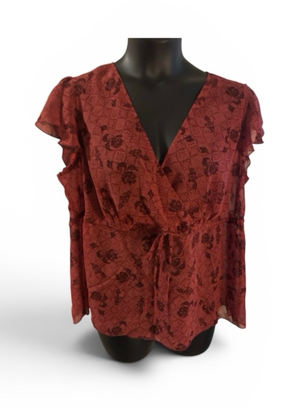 Burgundy Floral Wrap Blouse with Tie Waist - Women